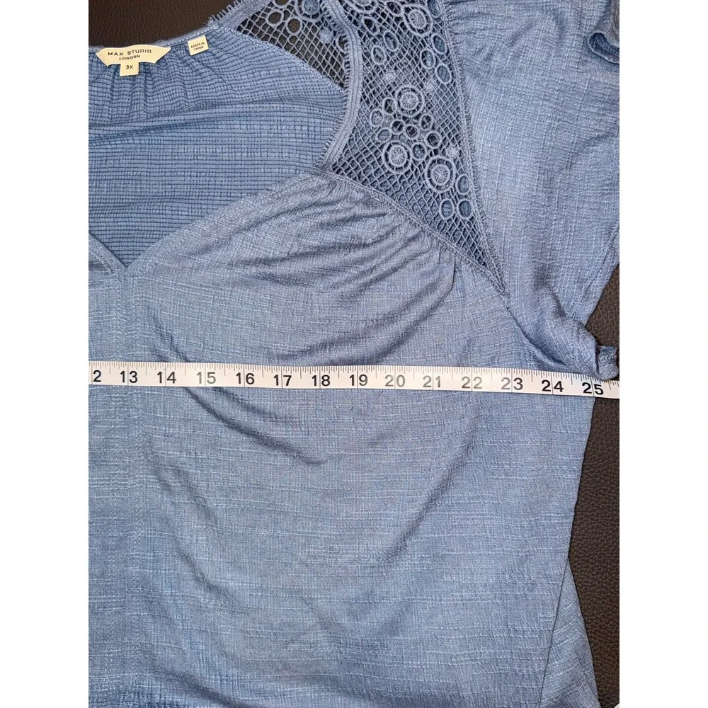 Max Studio London V-Neck Crochet Lace Blue Top Women 3X